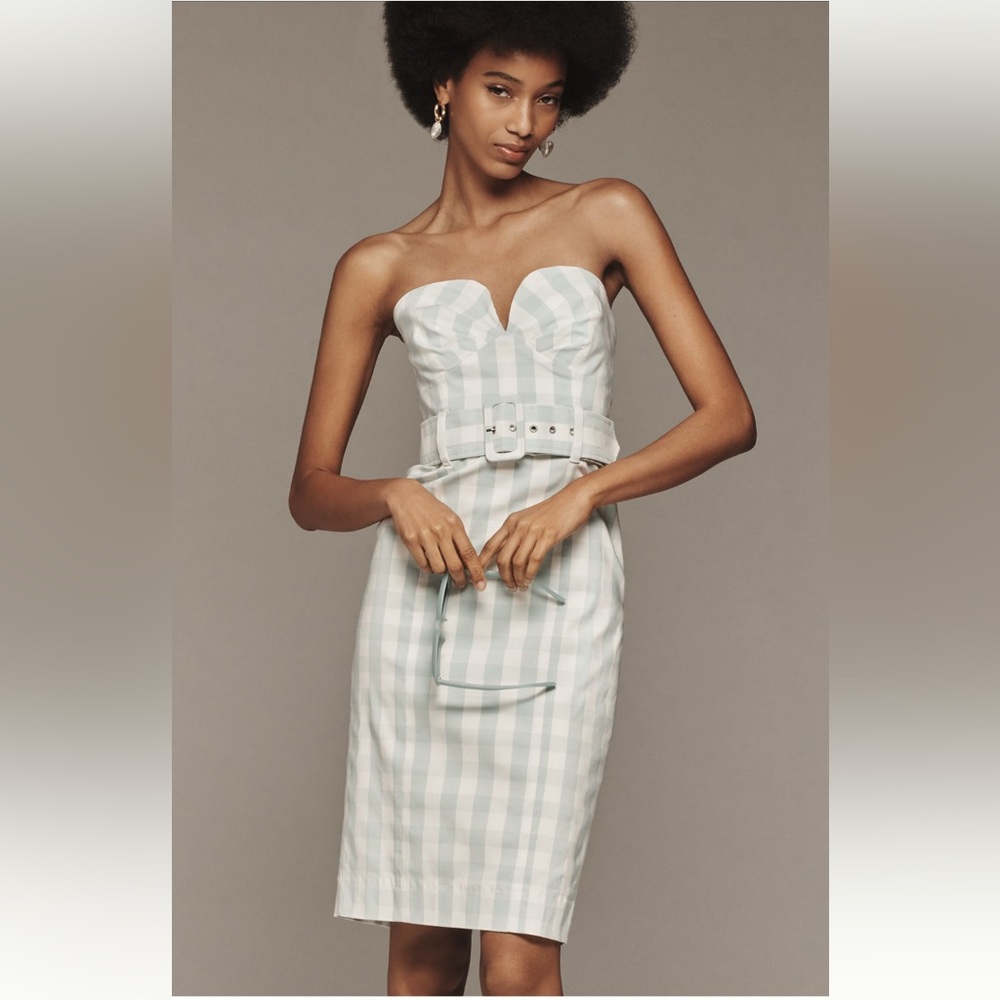 Anthropologie Strapless Gingham Sheath Dress in Light Blue and White